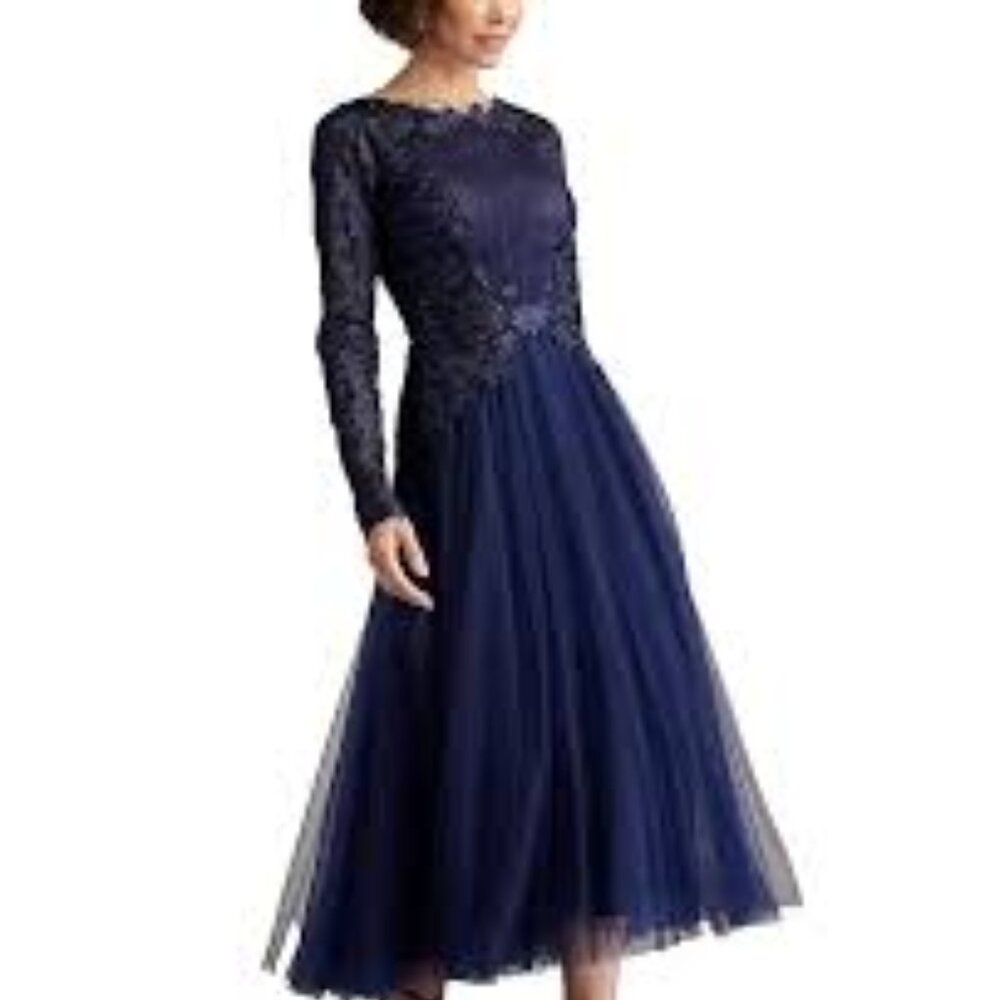 Tadashi Shoji Saitta midnight blue lace embroidered tulle midi cocktail dress 2 - Picture 3 of 6